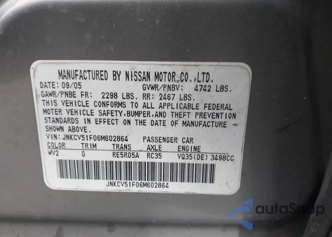 2006 Infiniti G35X z USA, uszkodzony, nr VIN JNKCV51F06M602864